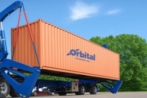 Orange Shipping container lifted by sideloader