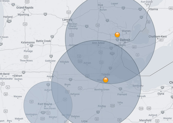 Michigan, Ohio, Indiana Container Transport Service Map